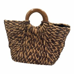 Patrisha Nash Brown and Tan Woven Tote Bag with Wooden Handles